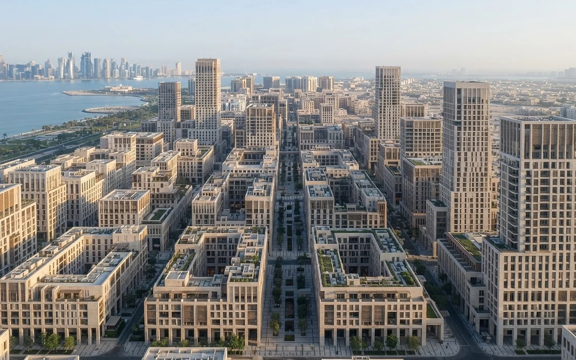 Aerial masterplan photograph of Doha urban development